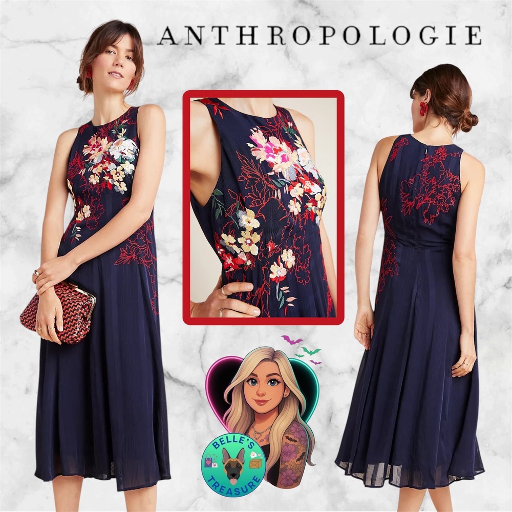 Anthropologie Women's 0‎ Navy Blue Floral Tanzine Embroidered Midi Tank Dress